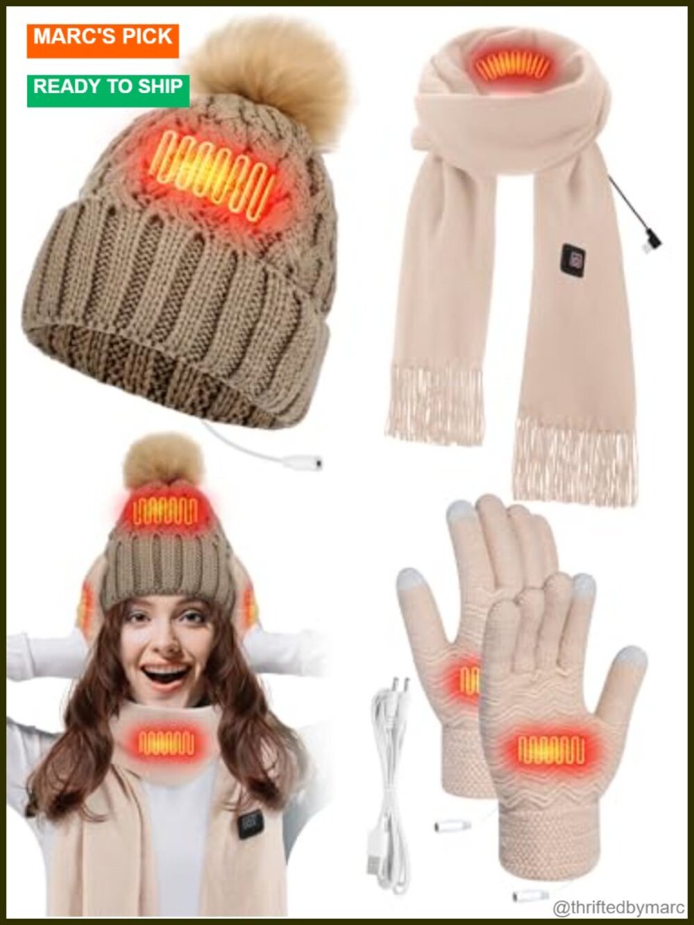 3 Pc USB Heated Hat Scarf Gloves Set Knitted Imitation Cashmere Warm